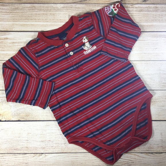 OshKosh Red Striped Long Sleeve Bodysuit Trail Club Dog Applique‎ Baby Clothes - Picture 1 of 7